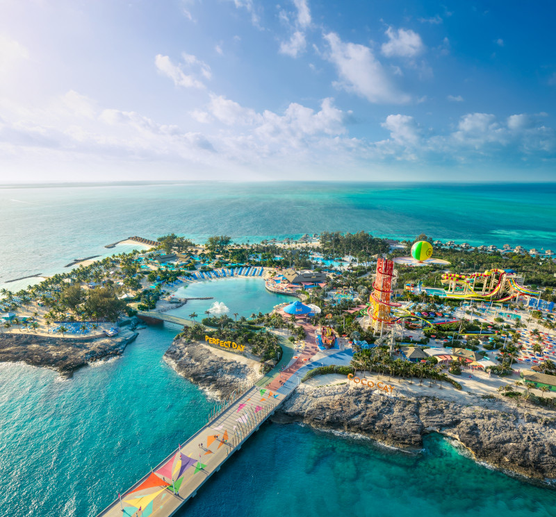 Aerial view of Royal Caribbean's Perfect Day at CocoCay island in the Bahamas