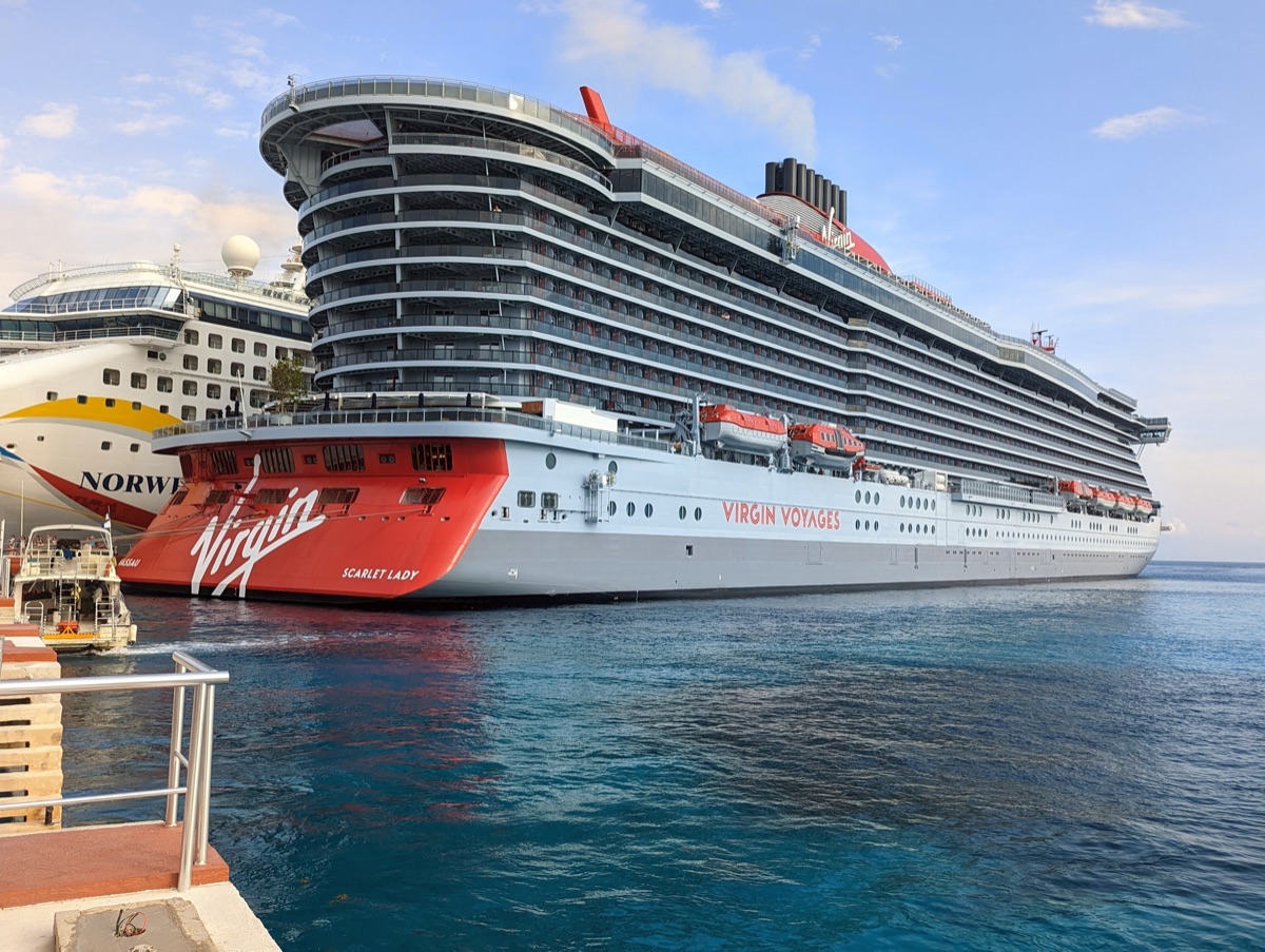 The Virgin Voyages ship Scarlet Lady docked in port